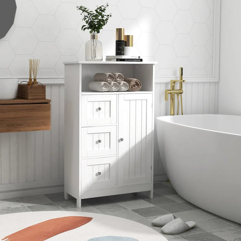 Meuble de rangement de salle de bain blanc au fini boisé avec 3 tiroirs et 1 porte – Assemblage par 1 personne
