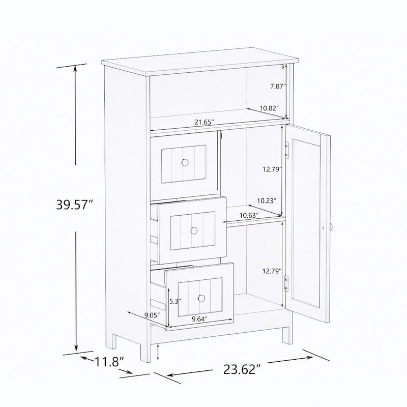 Meuble de rangement de salle de bain blanc au fini boisé avec 3 tiroirs et 1 porte – Assemblage par 1 personne