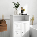 Meuble de rangement de salle de bain blanc au fini boisé avec 3 tiroirs et 1 porte – Assemblage par 1 personne