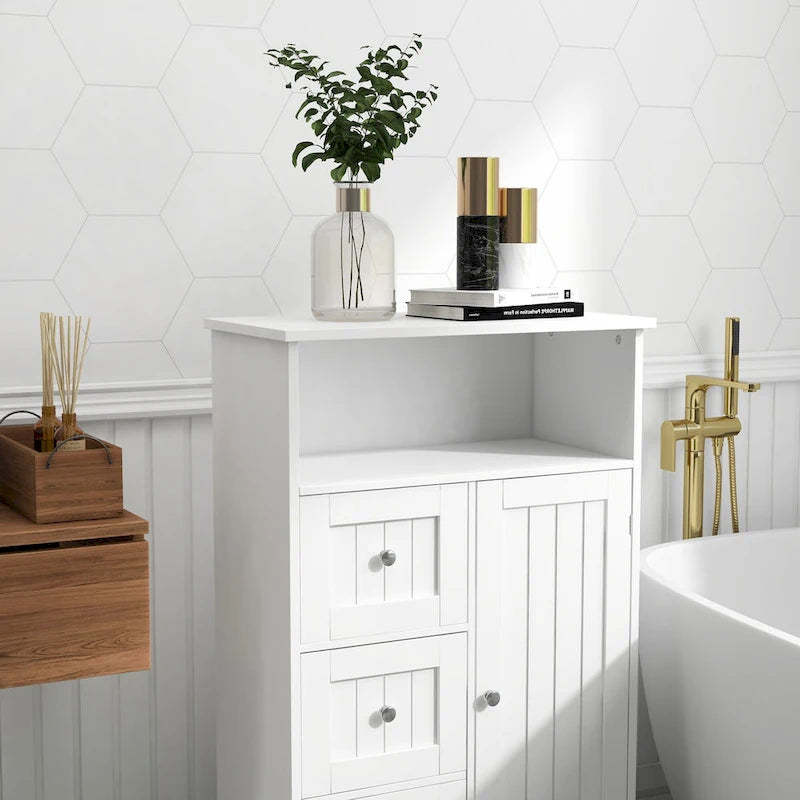 Meuble de rangement de salle de bain blanc au fini boisé avec 3 tiroirs et 1 porte – Assemblage par 1 personne