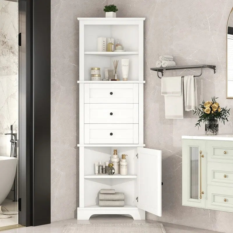 Meuble d'angle triangle blanc/gris, 3 tiroirs et étagère réglable