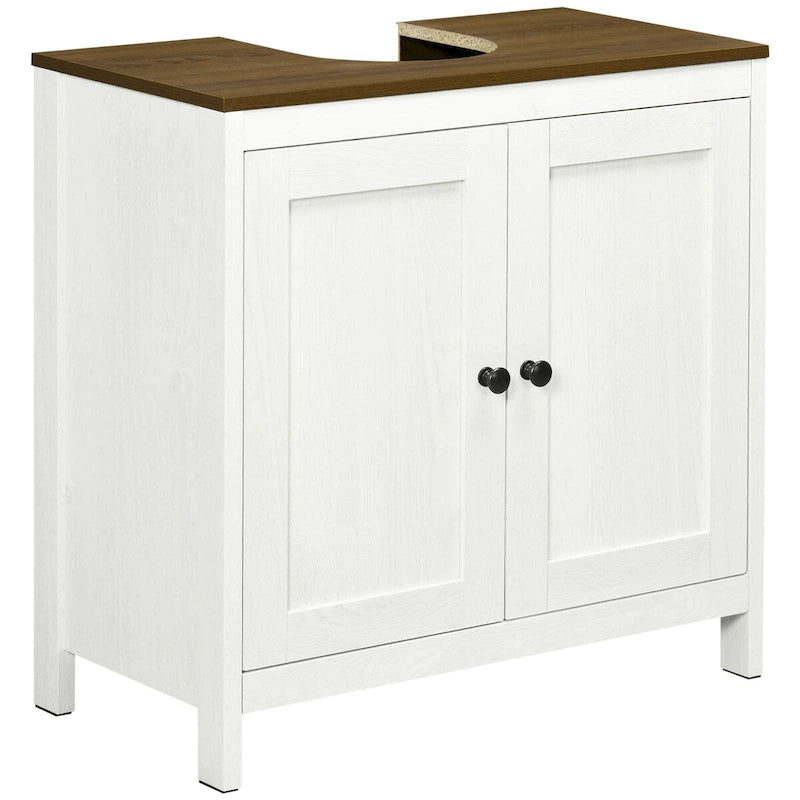 Meuble bas de lavabo autoportant blanc, deux portes, étagère réglable