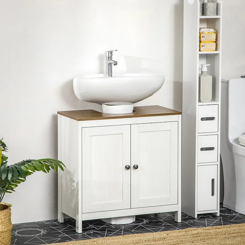 Meuble bas de lavabo autoportant blanc, deux portes, étagère réglable