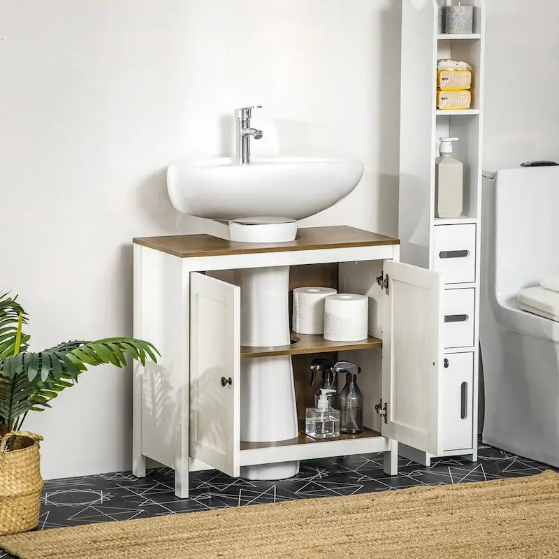 Meuble bas de lavabo autoportant blanc, deux portes, étagère réglable