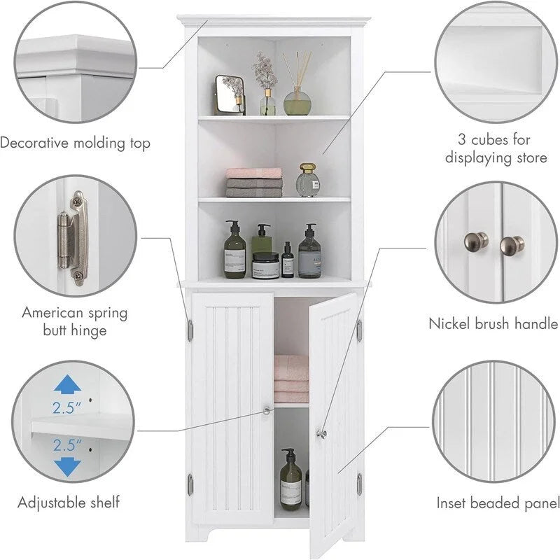 Meuble de rangement d'angle en bois blanc, 2 portes, 33 cm P x 58,4 cm L x 165,1 cm H