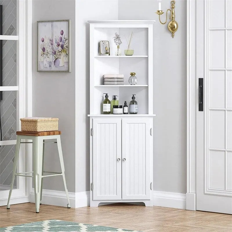 Meuble de rangement d'angle en bois blanc, 2 portes, 33 cm P x 58,4 cm L x 165,1 cm H