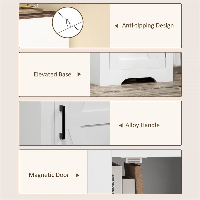 Meuble de rangement au sol blanc avec porte de grange coulissante et 2 étagères réglables