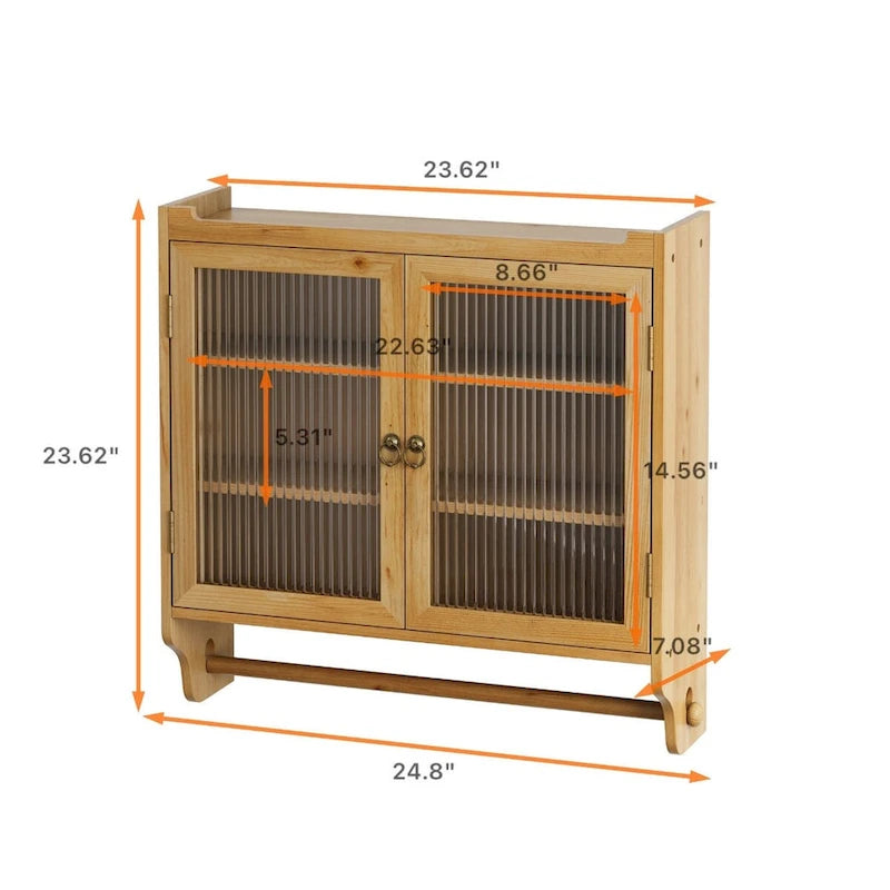 Meuble haut de salle de bain à deux portes, couleur bois naturel, finition polie, 3 étagères et porte-serviettes