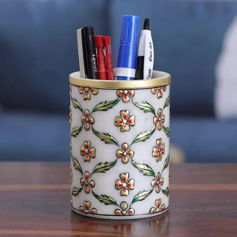 Pot à stylos en marbre antique vert et or – Simple